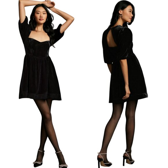 Maeve Anthropologie Sweetheart Velvet Mini Dress Womens Small Black Holiday NWOT - Picture 1 of 16